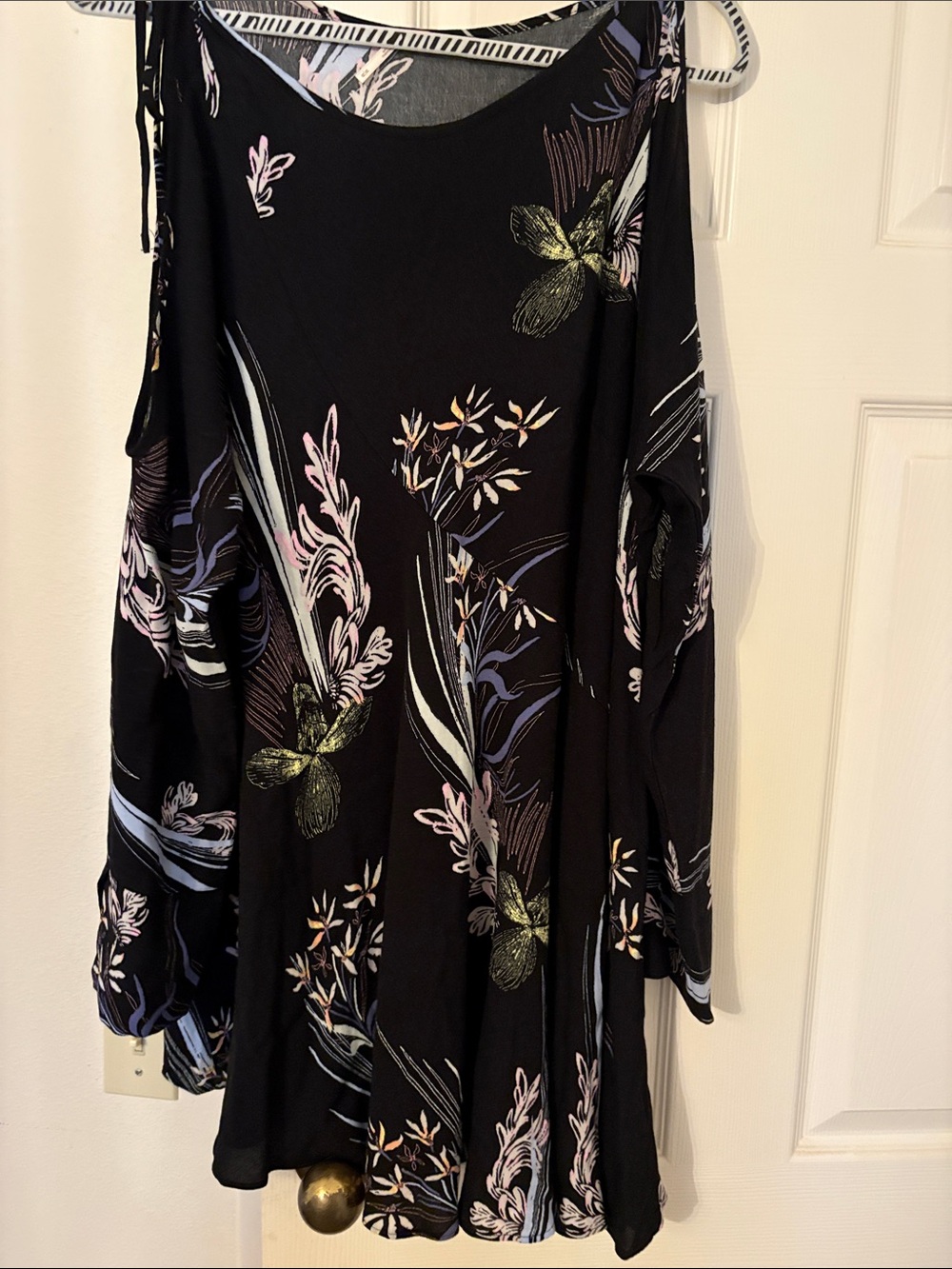 Free People Black Floral Cold-Shoulder Mini Dress with Pastel Accents